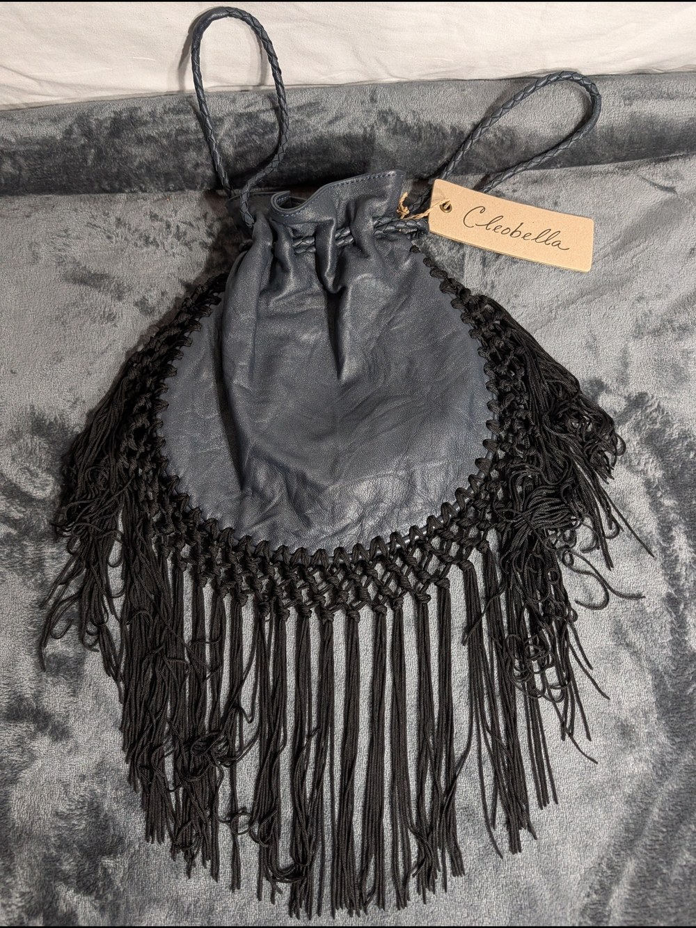 Cleobella Black Leather Fringe Drawstring Crossbody Bag